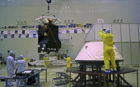 Handout photo shows ExoMars 2016 spacecraft composite transfered to launch vehicle adapter at Baikonur cosmodrome