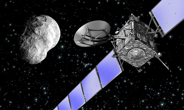 Artist's impression of the Rosetta spacecraft flying past an asteroid